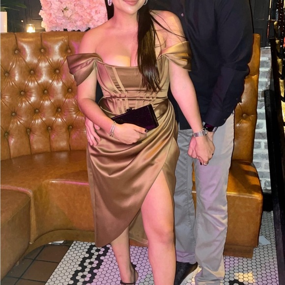 House of CB Dresses House Of Cb Loretta Toffee Satin Off Shoulder